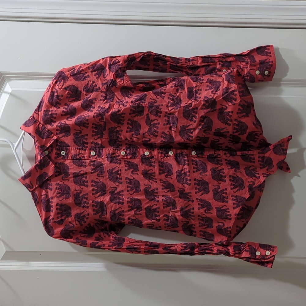 Red button up long sleeve shirt with elephant pattern